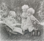 Pencil portrait of a three young brothers in a garden.